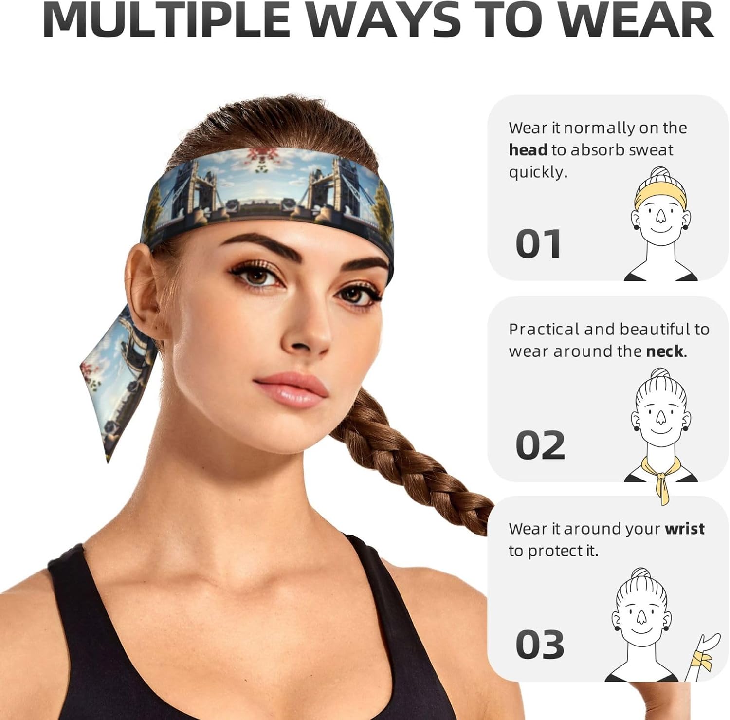 Sports Head Tie Made of Cotton Straps for Men & Women Moisture Wicking Athletic for Running, Gym, Working Out Historic Old Tower Bridge London Picture - Image 5