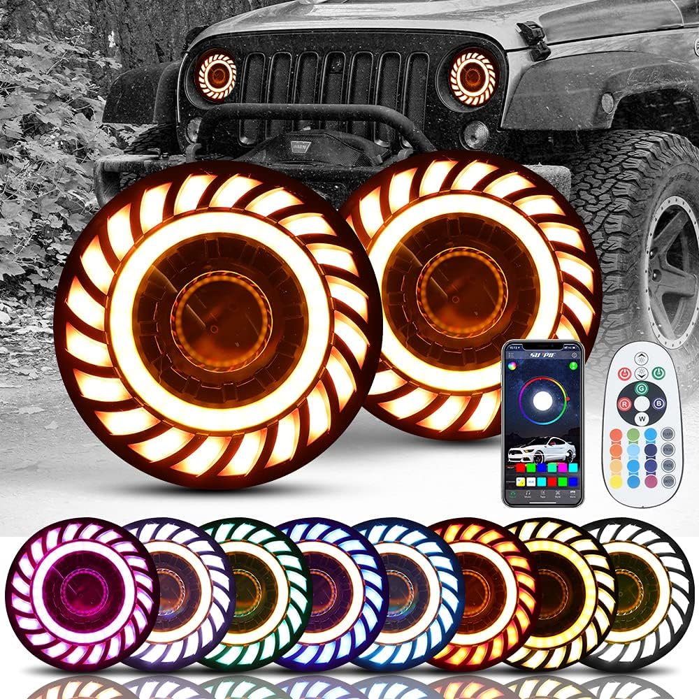 SUNPIE 7 inch Upgraded Stylish Colorful Rotating RGBW Halo Projector LED Headlights for J eep Wrangler IP67 Waterproof APP Control Custom Colors, Voice Mode for 2007-2018 JK/JKU,1997-2006 TJ/TJU