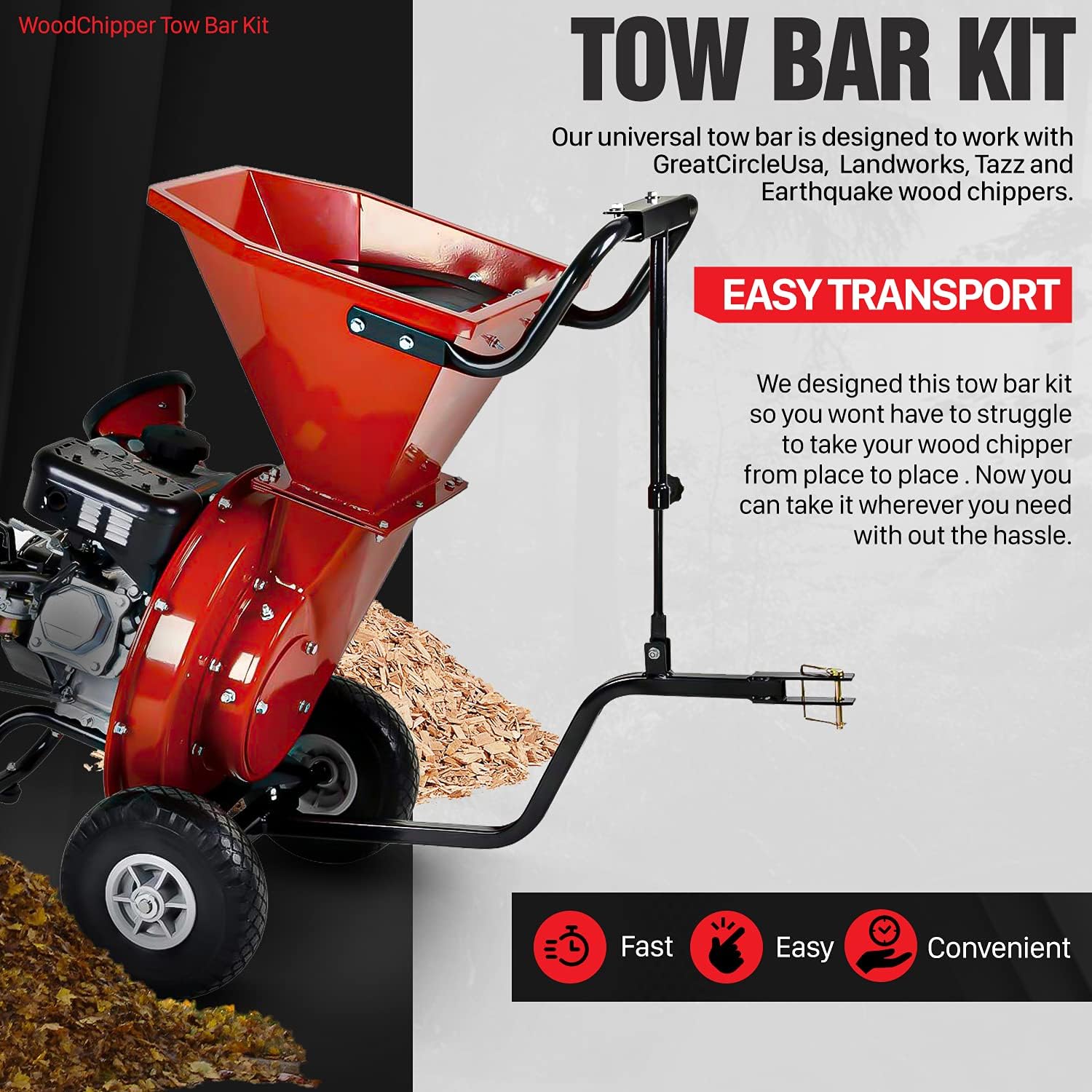 GreatCircleUSA Universal Wood Chipper Shredder Mulcher Tow Bar Kit PRO Heavy Duty Adjustable Accessory, Landworks, SuperHandy, Harbor Freight, Tazz & Earthquake (Wood Chipper NOT Included) - Image 2